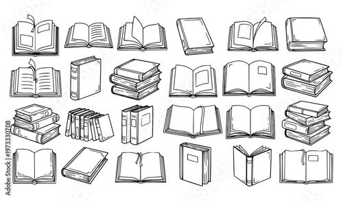 Hand Drawn Library Book Outline Icons Open Closed Books Vector Set