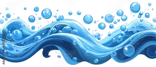 Flowing Blue Waves with Bubbles in a Bright and Lively Style