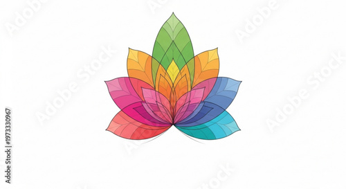 Vibrant multi colored lotus flower with green orange pink purple blue petals on white background symbolizing growth and harmony