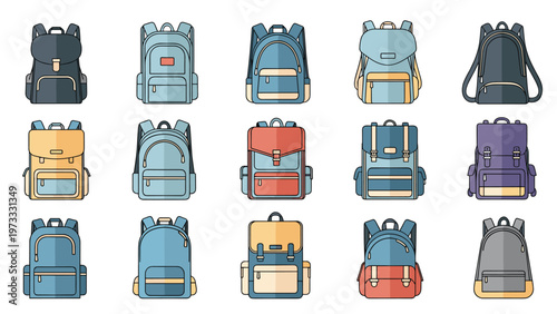 Set of fifteen colorful and varied backpack icons in a flat design style, showing different shapes, colors, and strap configurations.