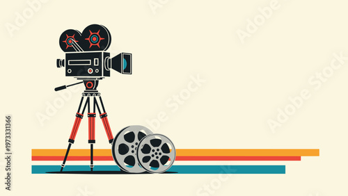 Stylized vintage movie camera on a tripod with two film reels and retro color stripes on a cream colored background.