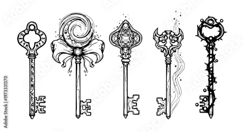Fantasy Key Vector Set with Magical Runes and Decorative Design