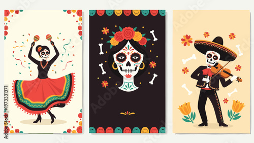 Set of three festive day of the dead cards featuring a dancing skeleton woman, a decorated skull, and a mariachi musician.