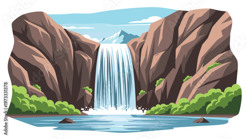 Scenic landscape illustration features a wide waterfall cascading between steep rocky cliffs into a clear blue lake under a bright sky.