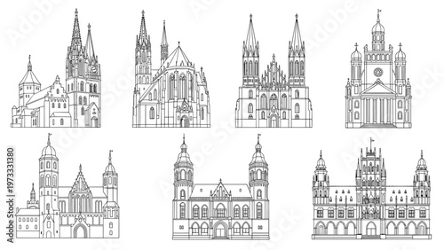 Collection of detailed line drawings depicting various historic European cathedrals and churches with tall spires and intricate architecture.