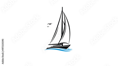 Minimalist black silhouette of a sailboat on blue water waves with two birds flying in the sky on white background.