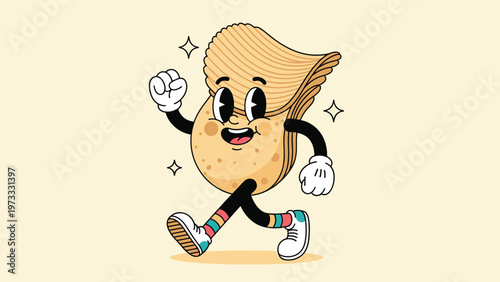 Energetic cartoon potato chip character with large eyes and a friendly smile, walking and wearing colorful socks and sneakers.