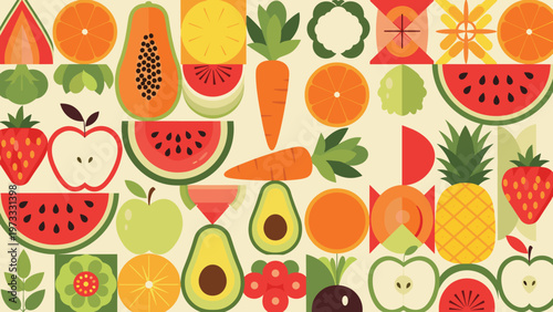 Geometric flat lay pattern is composed of various stylized fruits and vegetables like watermelon and pineapple in warm colors.