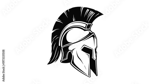 Black and white graphic illustration of a spartan or greek warrior helmet with a plume representing strength and bravery.