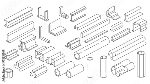 Technical isometric illustration of various steel beams, industrial metal profiles, and structural pipes for construction use.
