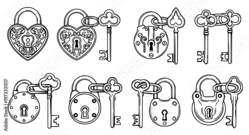 Key and Lock Pair Vector Set with Vintage Padlock Designs