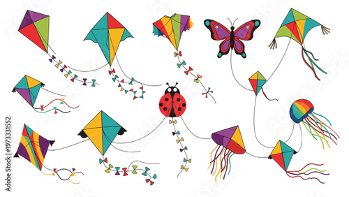 Assorted colorful flying kites with different shapes and long tails including a butterfly and a ladybug for summer fun.