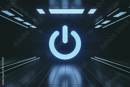 Glowing Blue Power Button Symbol In Dark Futuristic Corridor For Technology Concepts