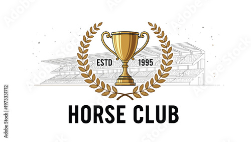 Horse club logo featuring a golden trophy cup with a laurel wreath and a stadium sketch background from 1995.
