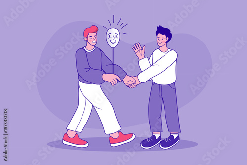 Business ethics and fraud concept illustration. Man hiding his true angry face behind a smiling mask while shaking hands with a partner for dishonest deal and betrayal concepts.