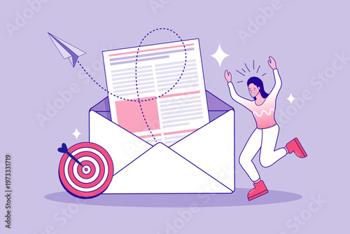 Email marketing and newsletter success illustration. Excited woman character celebrating good news with a giant envelope, document, and target for sales conversion and digital communication concepts.