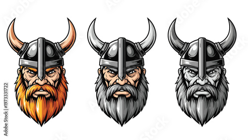 Set of three viking warrior head illustrations with different color schemes including full color and grayscale.