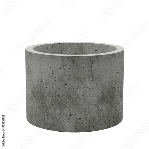 A large cylindrical weathered concrete planter with a tactile surface, fine pitting, subtle cracks, and mottled gray patina on a seamless transparent background. Minimalist industrial object display