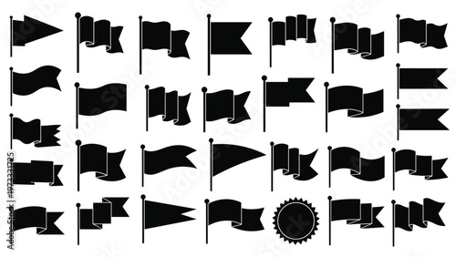 Large assortment of black silhouettes of waving flags, pennants, and banners in various shapes on flagpoles.
