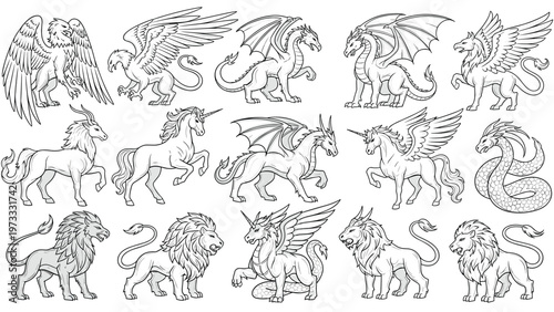 Large set of black and white line art illustrations of fantasy creatures such as dragons, unicorns, and griffins.