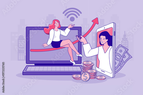 Digital money success and online business growth illustration. Ideal for financial blogs, passive income websites, and modern entrepreneurship marketing.