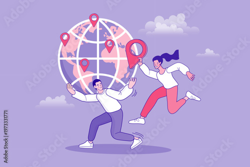 Businessman and businesswoman placing location pins on world globe for global business concept.