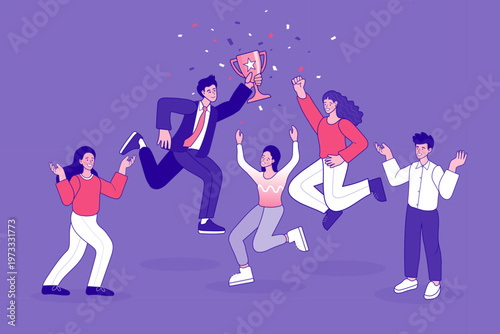 Professional business team celebrating success and victory together. Vector illustration of happy people jumping with a trophy cup for achievement and teamwork concept.