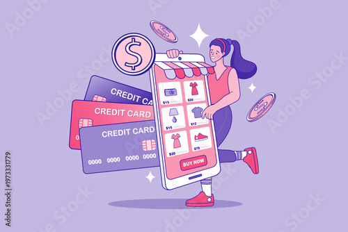Young woman using mobile app for online shopping and credit card payment. Concept of e-commerce business, digital transaction, buying goods, product order, retail consumer and mobile commerce.