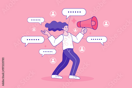 Professional social media marketing and announcement concept vector illustration. Young woman character holding a megaphone with multiple speech bubbles for communication and promotion.