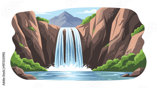 Beautiful natural landscape illustration of a wide waterfall cascading down rocky cliffs into a blue pool within a lush green mountain valley.