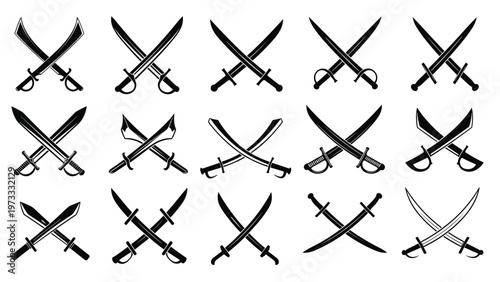 Set of fifteen different black and white icons featuring various styles of crossed swords, sabers, and scimitars for game or logo design.