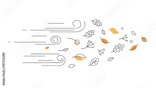 Abstract line art illustration showing the wind represented by wavy lines blowing various autumn leaves through the air to the right side.