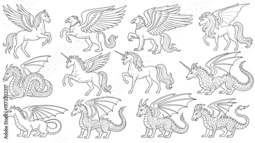Set of hand drawn line art sketches representing various mythical creatures including winged horses, griffins, unicorns, and giant dragons.