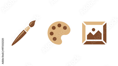 Artistic tools: paintbrush, palette, and framed painting icons in brown and beige colors