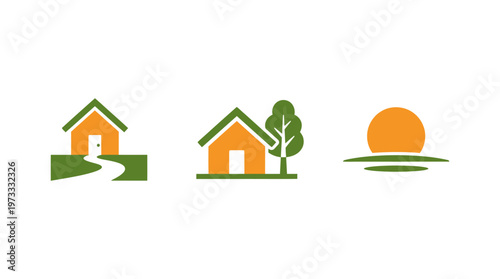 Eco-friendly house icons: home, tree, sun, nature, green path, landscape