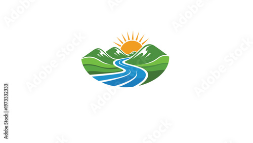 Simple colorful logo showing a winding blue river flowing through rolling green hills towards distant mountains under a golden rising sun.