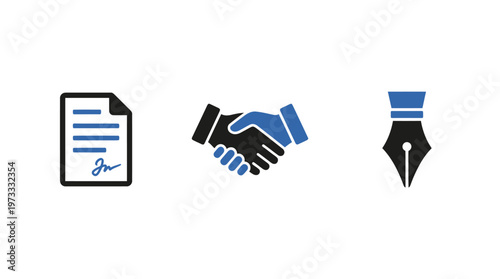Business Agreement Icons: Contract, Handshake, Pen on White Background
