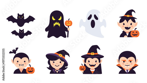 Collection of spooky and cute halloween character icons including vampires witches ghosts and bats on white background.