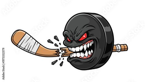 Aggressive cartoon hockey puck mascot with sharp teeth biting and breaking a wooden hockey stick on white background.