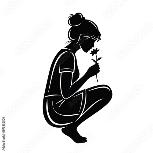 Woman smelling flower silhouette. Girl crouching in garden vector illustration. Isolated on transparent background