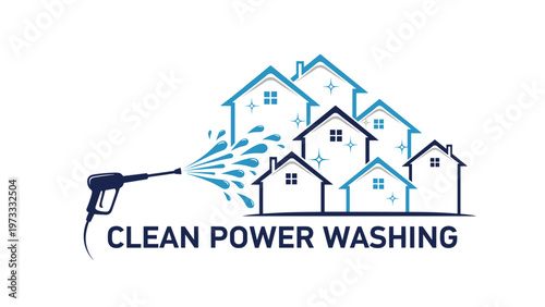 Professional logo design for clean power washing business featuring blue house icons and a pressure washer water spray.