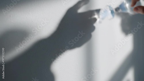 Shadows of Hands Reaching for Water Bottle on Textured Wall