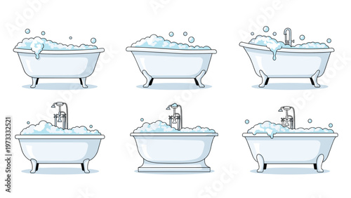 Set of various bathtub designs filled with fluffy soap bubbles and equipped with different shower heads and faucets.
