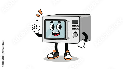 Funny cartoon microwave oven character with arms and legs having a smart idea or lightbulb moment on white background.