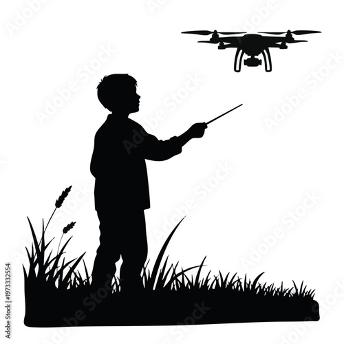 Silhouette of a boy flying a drone in a field. Child operating remote control quadcopter vector illustration. Outdoor technology concept