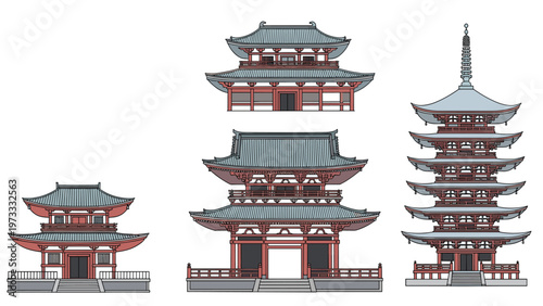 Collection of traditional japanese architectural structures including temples and a multi story pagoda on white background.