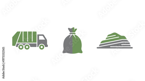Garbage Truck, Trash Bag and Landfill Icons - Waste Management Concept