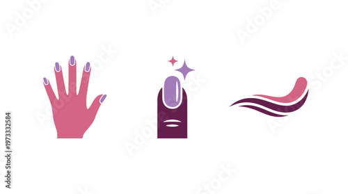 Nail Care Icons: Hand, Manicure, and Flowing Hair/Design