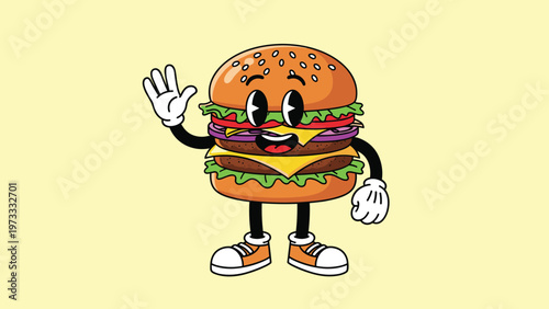 Cheerful cartoon hamburger mascot character with arms and legs waving hello with a friendly smile on a light yellow background.