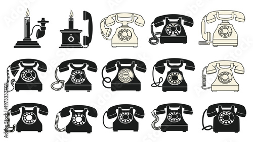 Detailed collection of vintage rotary telephones and early candlestick phones in various black and white illustrative styles.